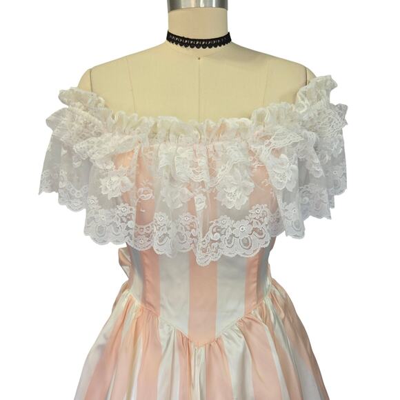 Gunne Sax Pink White Stripe Princess Dress Size S 9 Lace Satin Vintage 80s - Picture 3 of 16